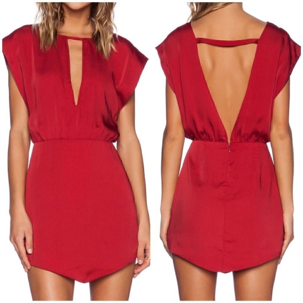 NBD Sz S Red Deep V Open Back Blouson Silky Mini Dress NWT NEW